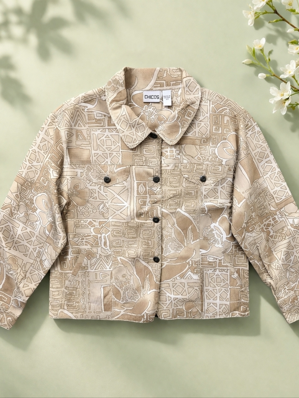 Sale!Chico’s Size 2 Neutral Cotton Shacket Lightweight Jacket Tan Utility Style